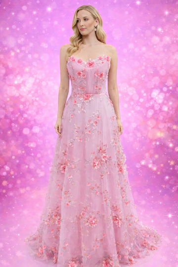 3 Boyutlu Çiçek Desenli Straplez Abiye