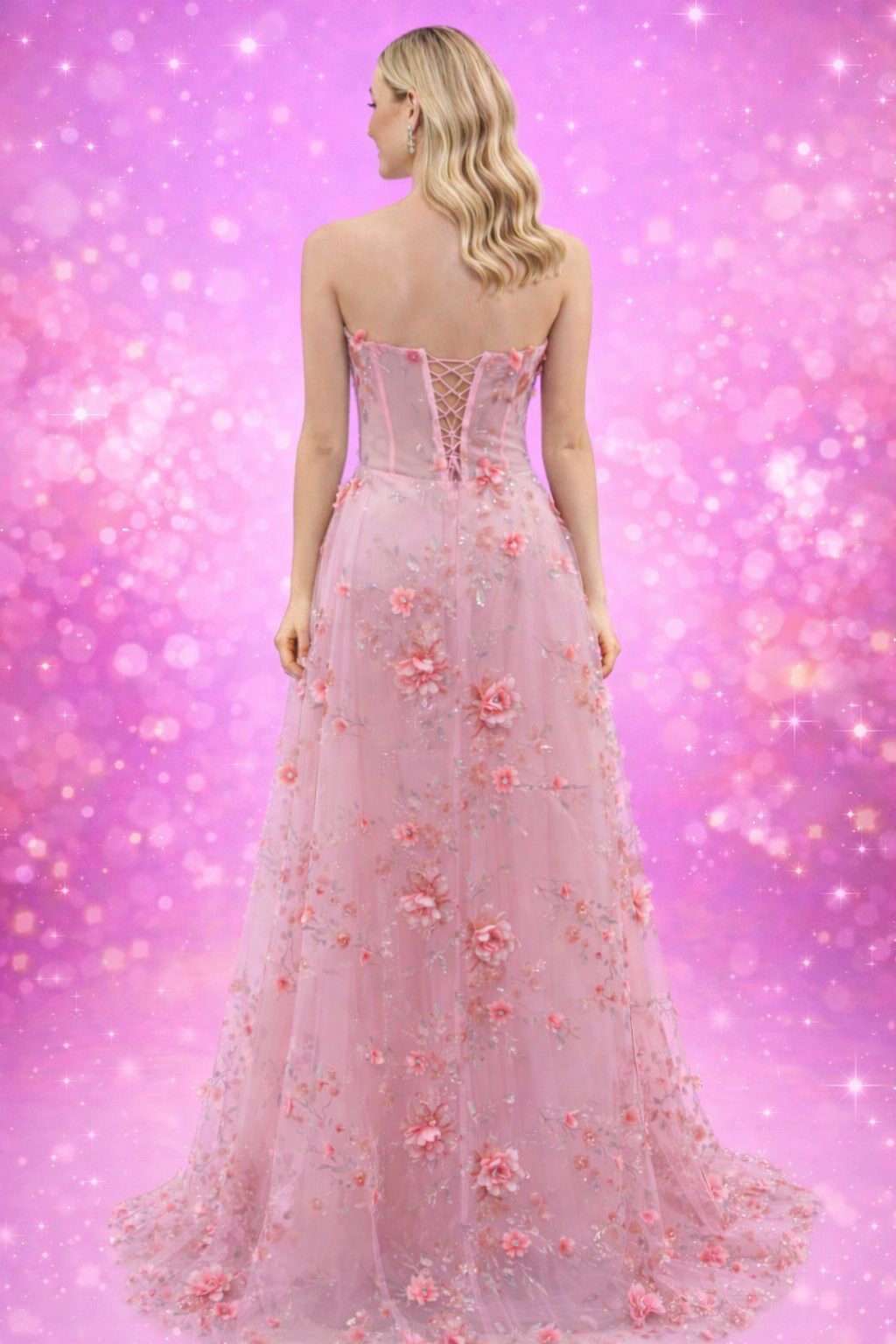 3 Boyutlu Çiçek Desenli Straplez Abiye