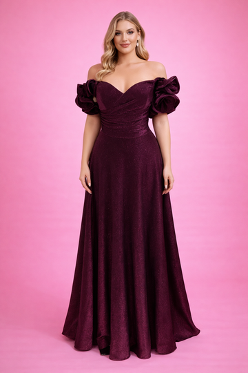 Bordo Simli Balon Kol Abiye