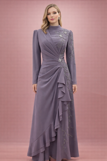 Lavanta Ton Drapeli Taş İşlemeli Tesettür Abiye