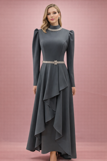 Antrasit Taş Yakalı Katmanlı Tesettür Abiye