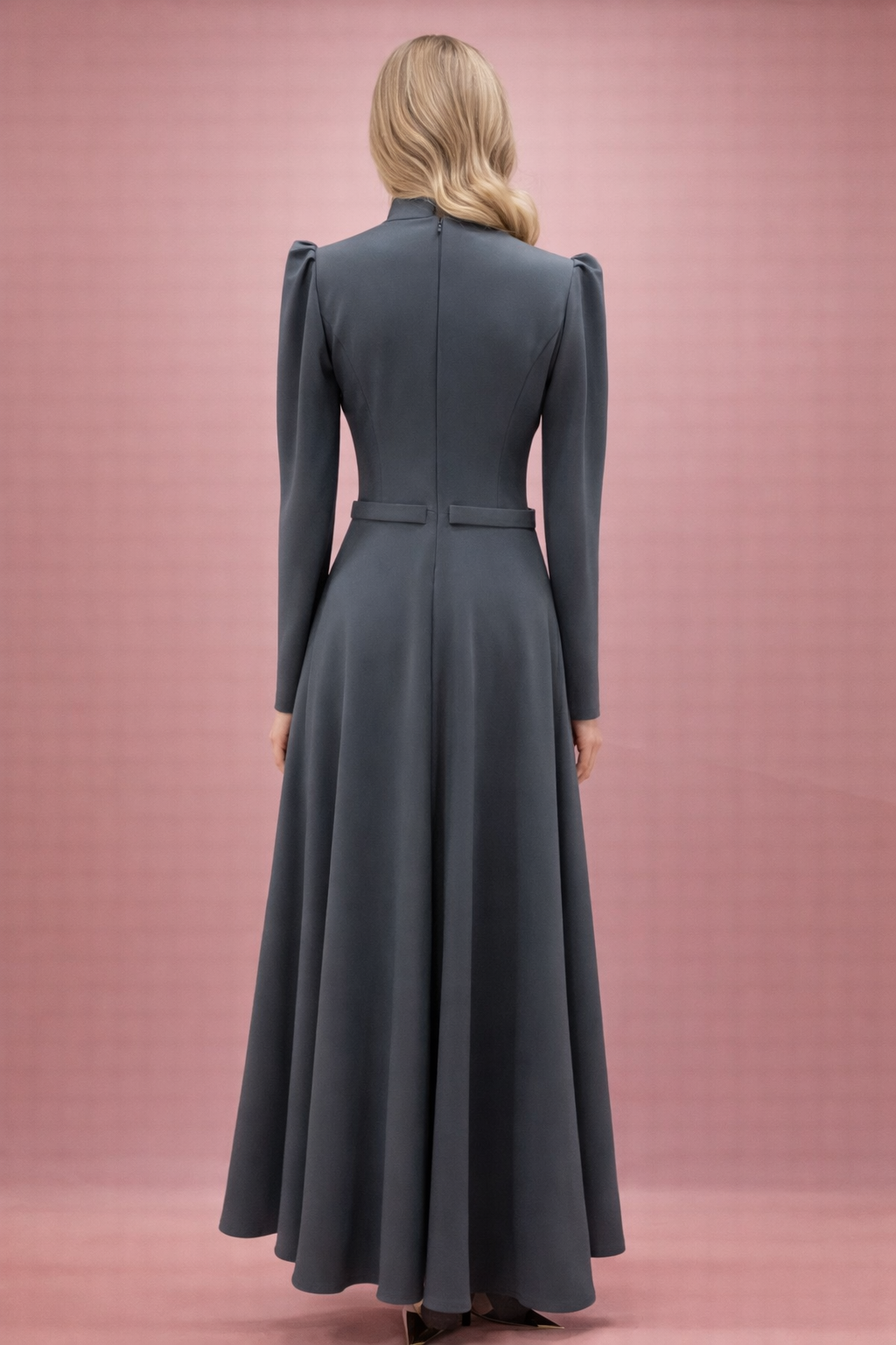 Antrasit Taş Yakalı Katmanlı Tesettür Abiye