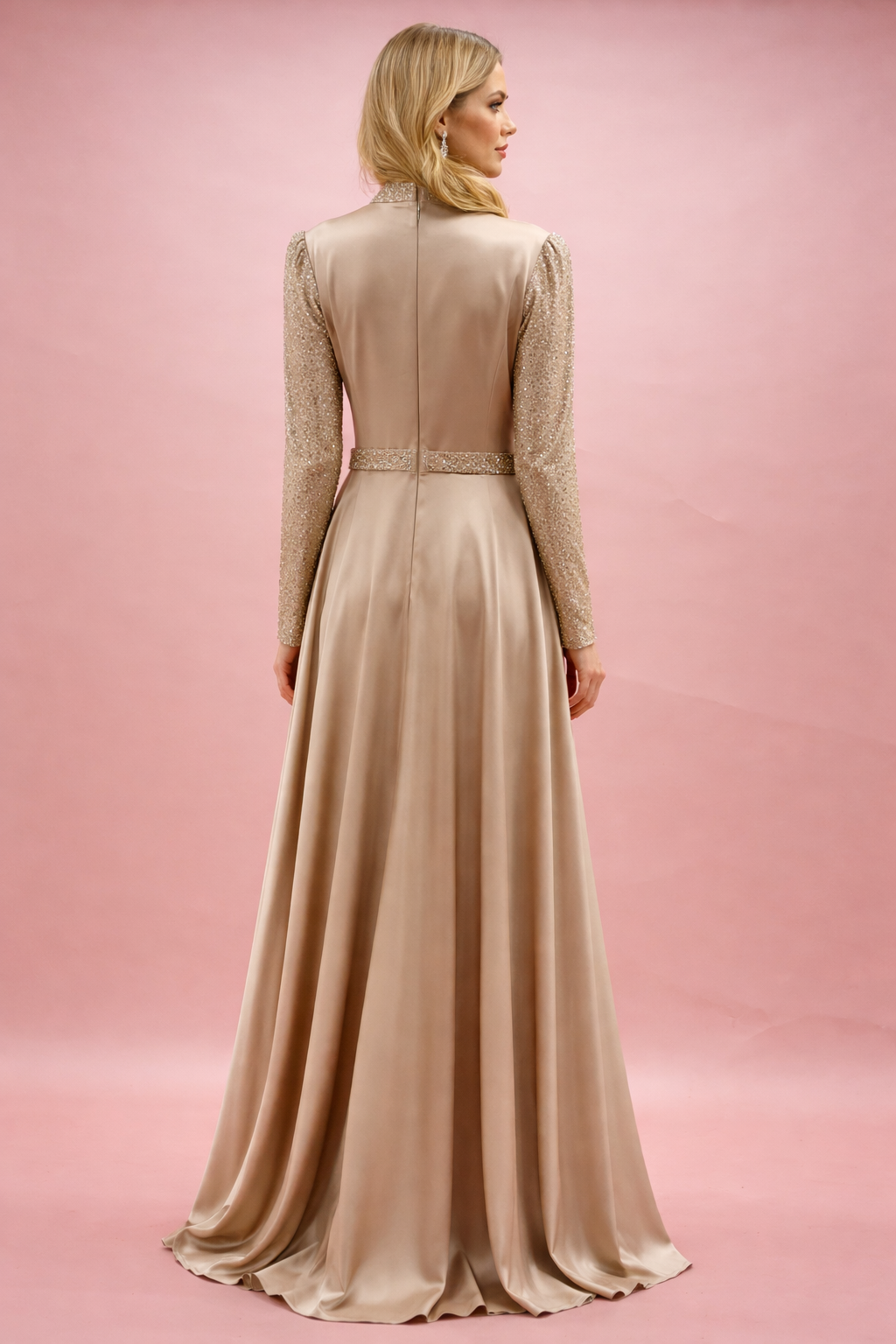 Şampanya Taşlı Yüksek Yakalı Abiye