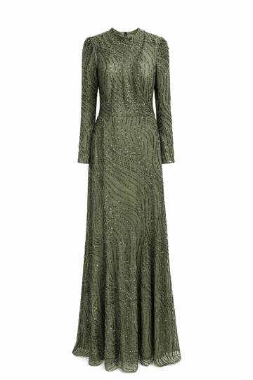 Haki Işıltılı Uzun Kollu Abiye