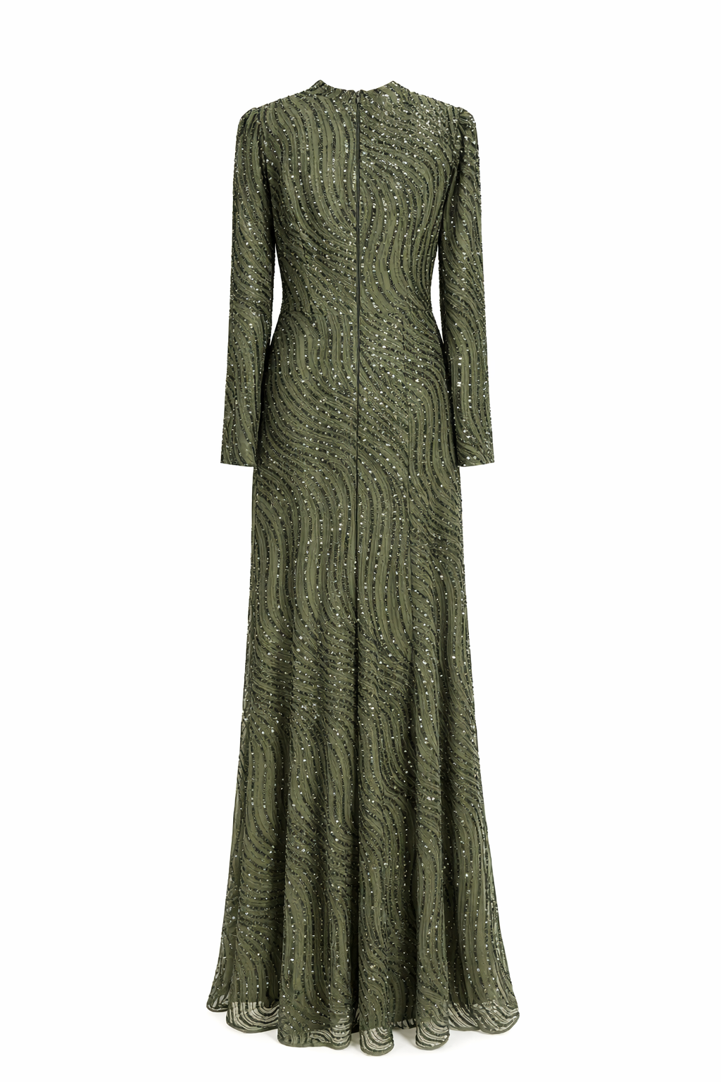 Haki Işıltılı Uzun Kollu Abiye