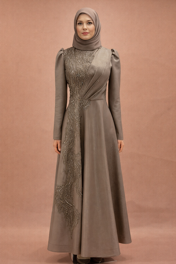 Asimetrik Taş İşlemeli Tesettür Abiye