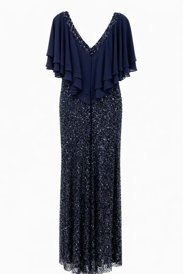 Lacivert Şifon Katlı Payet Abiye