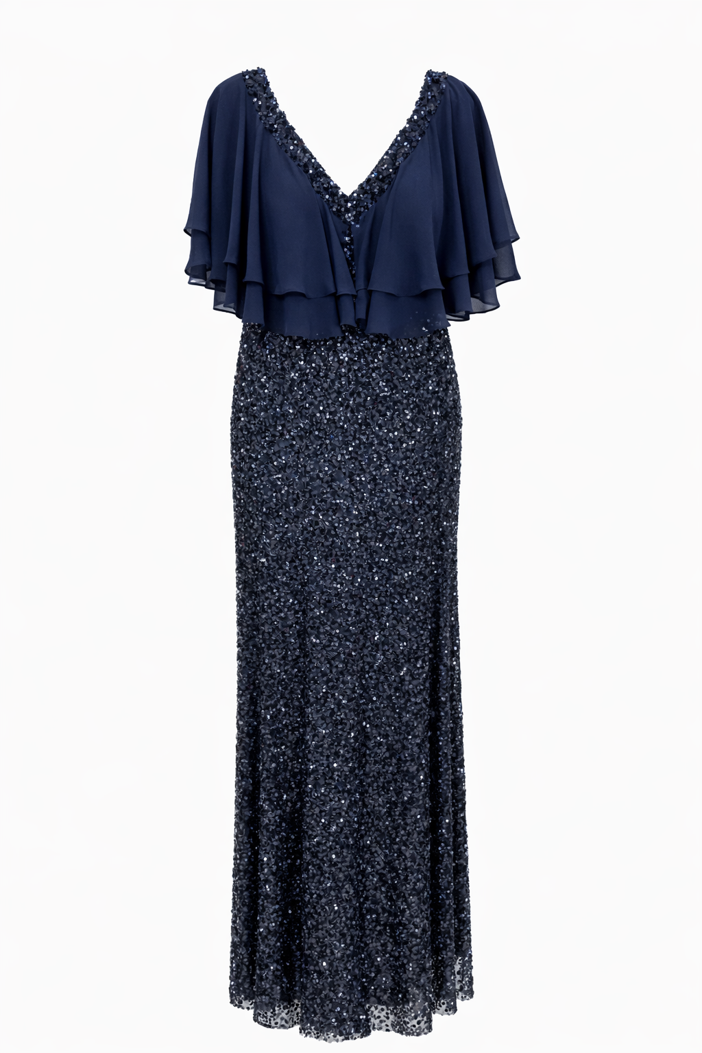 Lacivert Şifon Katlı Payet Abiye