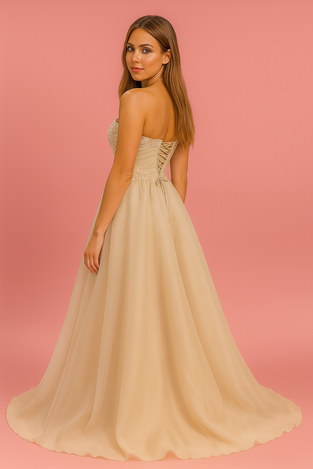 Şampanya Şifon Straplez Zarif Tasarım