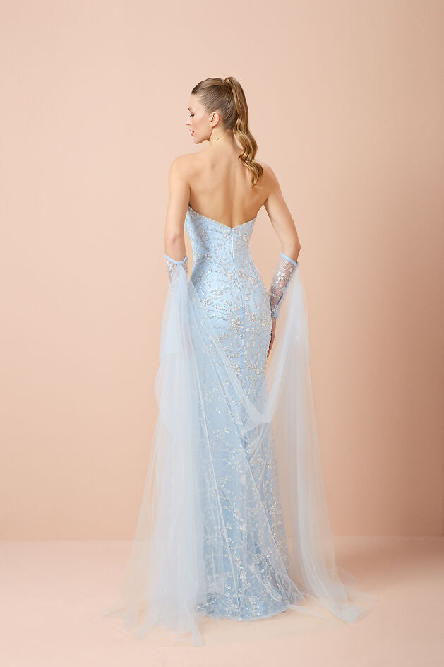 Straplez Boncuk İşlemeli Dantel Kollu Abiye