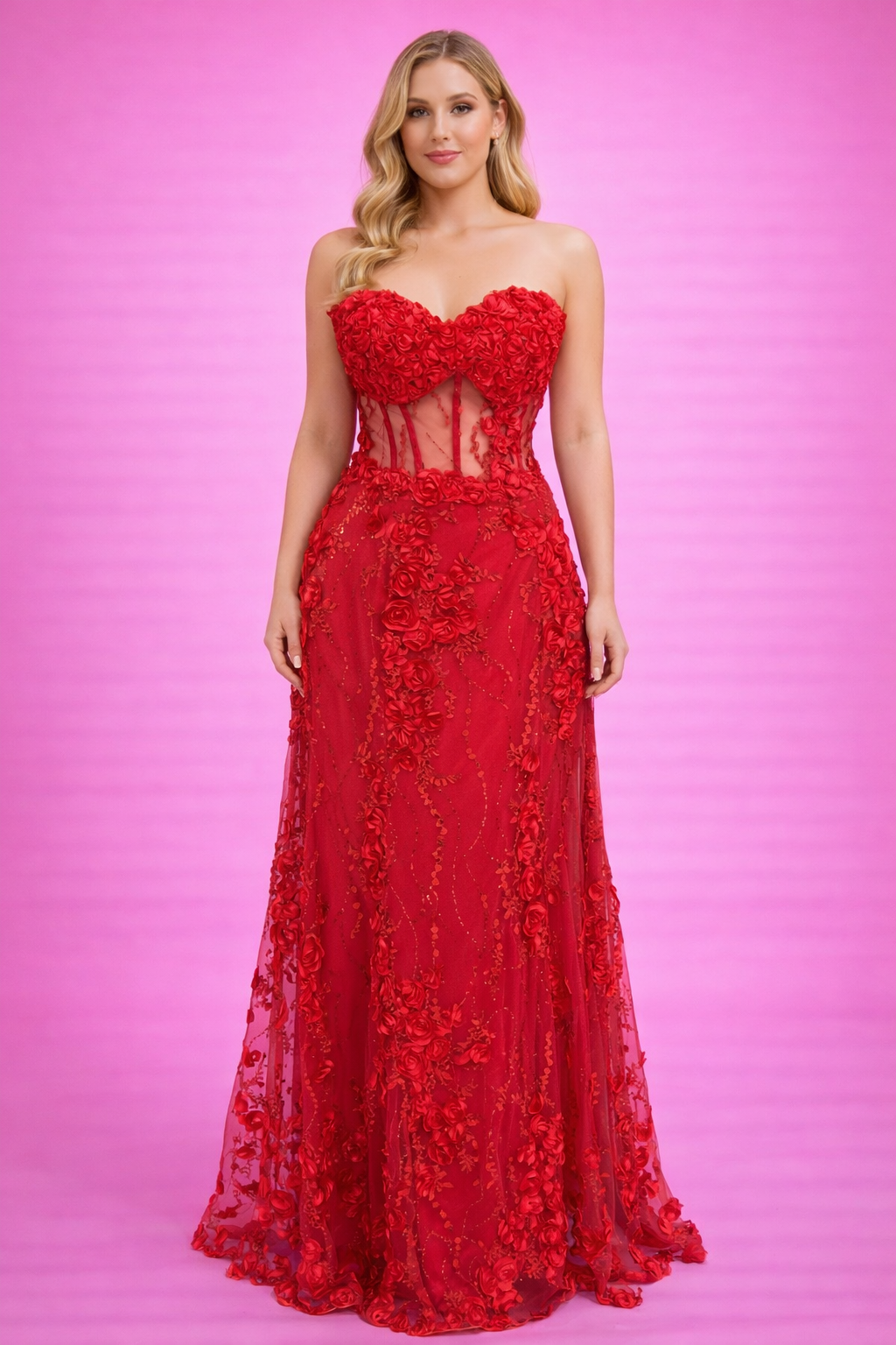 Straplez Üçboyut Çiçek Detaylı Balık Abiye